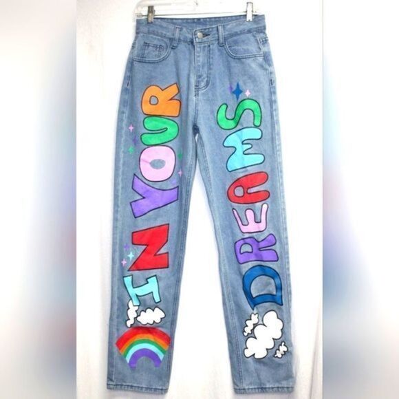 Streetgarm high Wasted Baggy‎ In Your Dreams Painted Rainbow Jeans - Picture 1 of 3